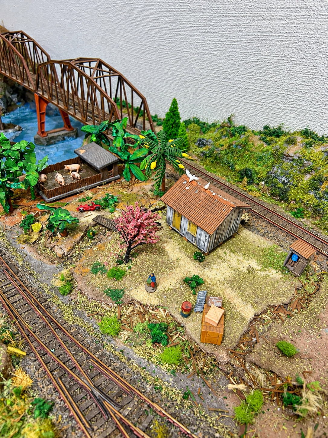 Casa simples com banheiro externo no cenário antes das pontes da Ferrovia EFMN 74